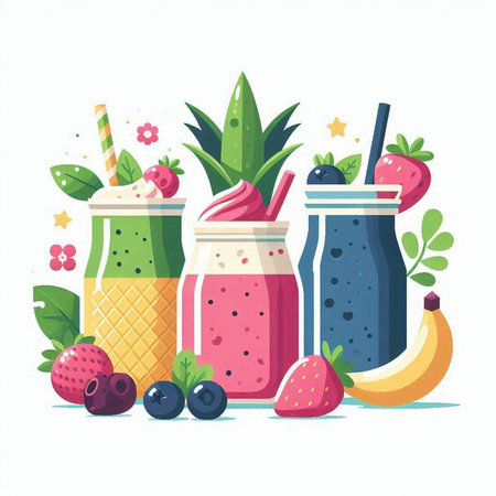 Fruit smoothies with berries and fruits. Vector illustration in flat styleのイラスト素材