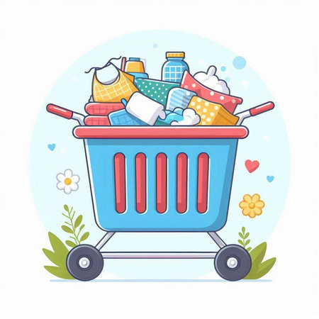 Shopping cart with cleaning products. Vector illustration in cartoon style.のイラスト素材