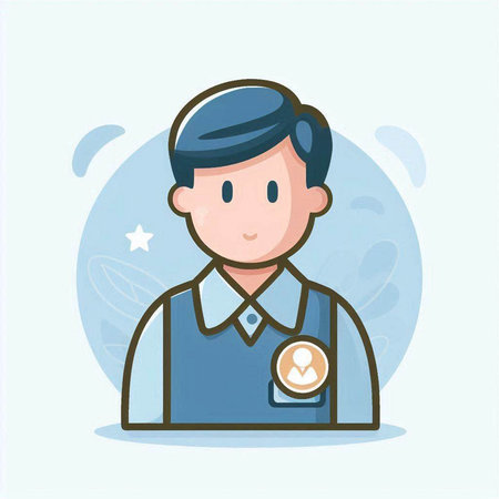 Illustration of a male security guard wearing a blue uniform and looking at the cameraのイラスト素材