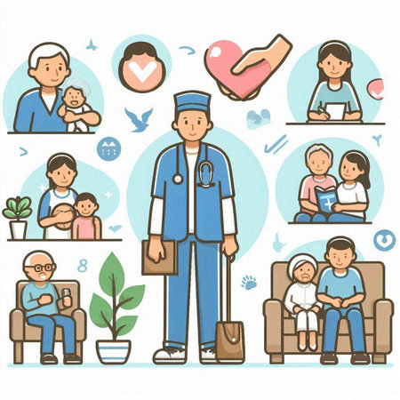 Doctor with patient and family. Vector illustration in flat design style.のイラスト素材