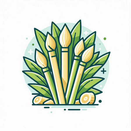 Paint brushes with green leaves. Vector illustration in thin line style.のイラスト素材
