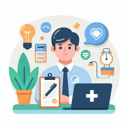 Online medical consultation. Doctor in the office. Vector illustration in flat styleのイラスト素材