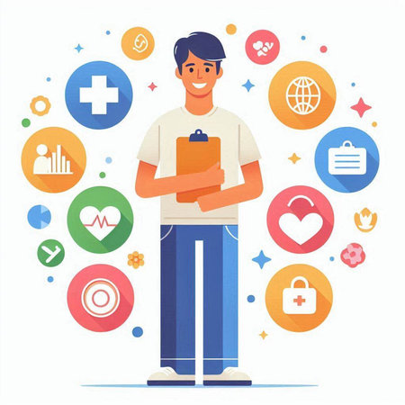 Man holding clipboard with medical icons around. Flat style vector illustration.のイラスト素材