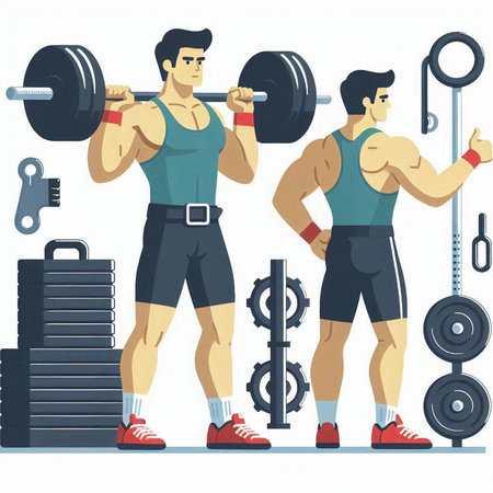 Man doing exercises with barbell. Flat vector illustration isolated on white background.のイラスト素材