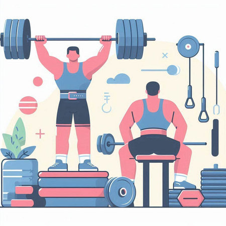 Fitness and healthy lifestyle concept. Man with barbell. Vector illustration in flat styleのイラスト素材
