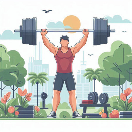 Vector illustration of a young man lifting a barbell in the park.のイラスト素材