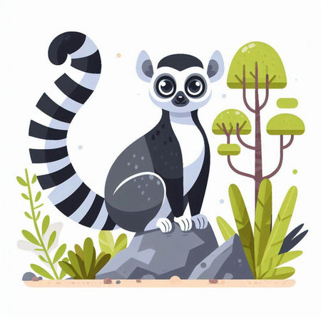 Cute cartoon lemur sitting on the rock. Vector illustration.のイラスト素材