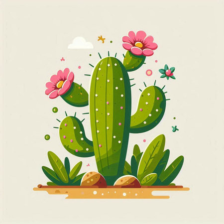 Cactus and flowers in the desert. Vector illustration in flat styleのイラスト素材
