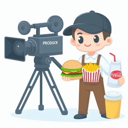 Cameraman with hamburger and soda. Vector illustration in cartoon style.のイラスト素材