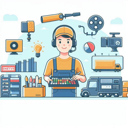 Repairman in uniform works at the repair shop. Vector illustrationのイラスト素材