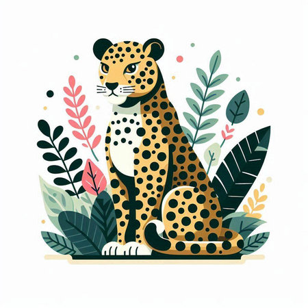 Cute leopard with leaves. Vector illustration in flat style.のイラスト素材