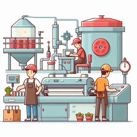 Coffee factory workers at work. Vector illustration in cartoon styleのイラスト素材
