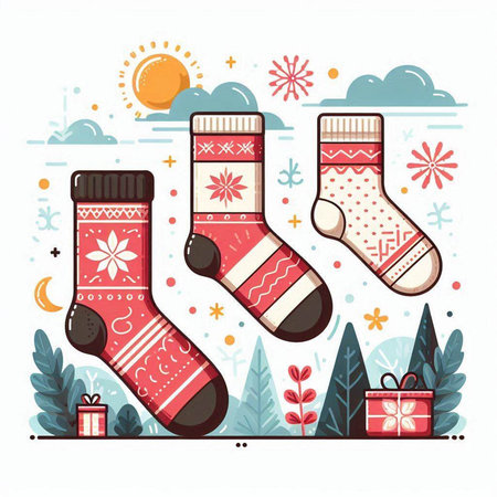 Christmas socks with gifts and snowflakes. Vector illustration in flat style.のイラスト素材
