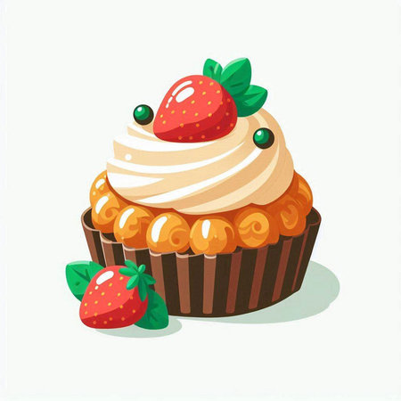 Illustration of a cupcake with cream and strawberries on a white backgroundのイラスト素材