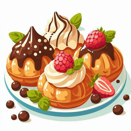 Vector illustration of sweet buns with cream, raspberries and chocolateのイラスト素材