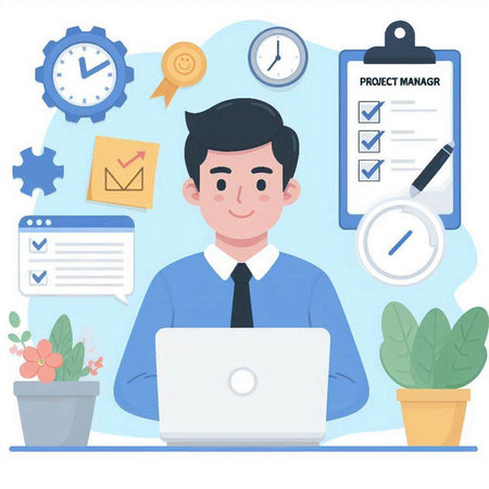 Businessman working on laptop in office. Vector illustration in flat styleのイラスト素材