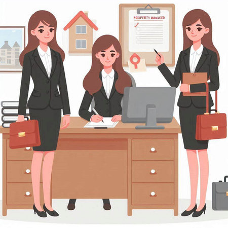 Real estate agent and clients in office. Vector illustration in cartoon styleのイラスト素材