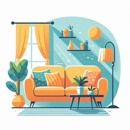 Living room interior with furniture, sofa, lamp and plants. Flat style vector illustration.のイラスト素材