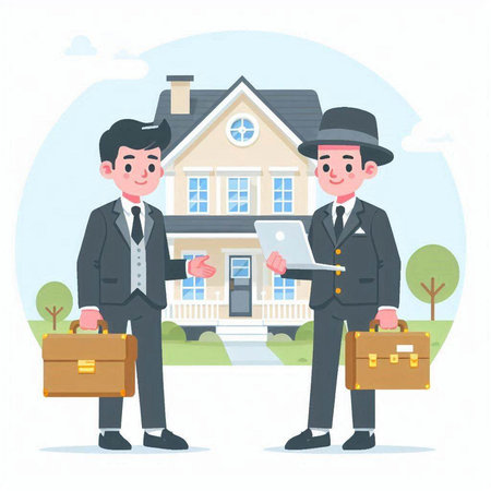 Real estate agent and buyer in front of the house. Vector illustrationのイラスト素材