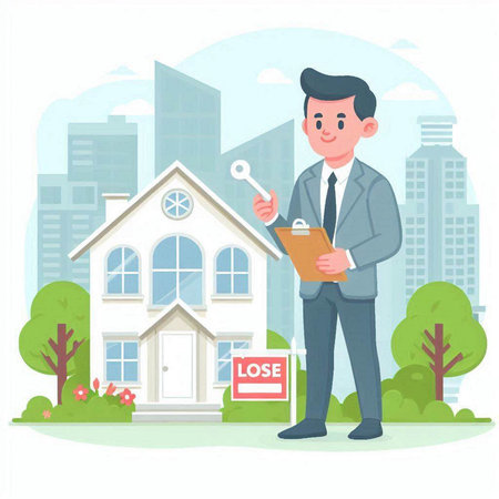 Real estate agent with house and key. Vector illustration in flat styleのイラスト素材