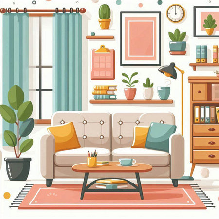 Living room interior with furniture and plants. Flat style vector illustration.のイラスト素材