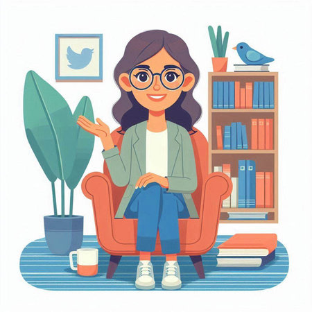 Woman sitting in armchair at home. Girl studying at home. Vector illustrationのイラスト素材