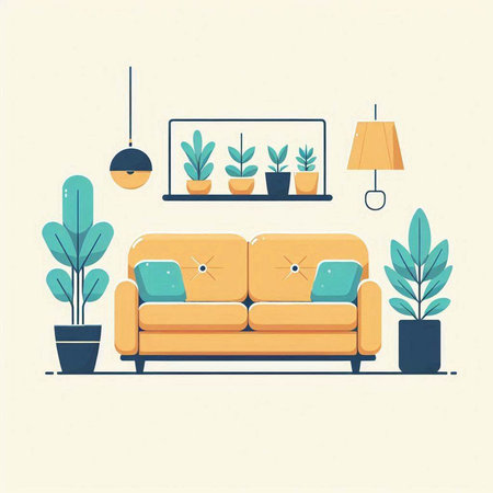Modern living room interior with sofa and plants. Flat vector illustration.のイラスト素材