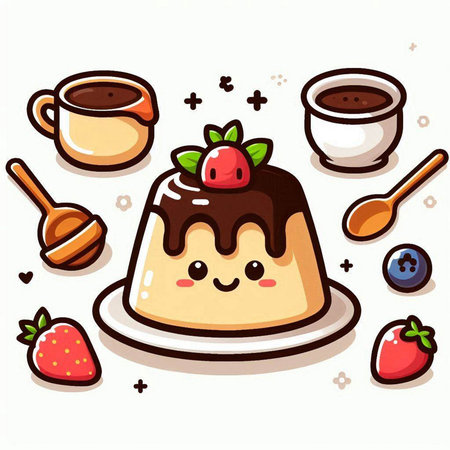Cute cartoon panna cotta with berries and cup of coffeeのイラスト素材