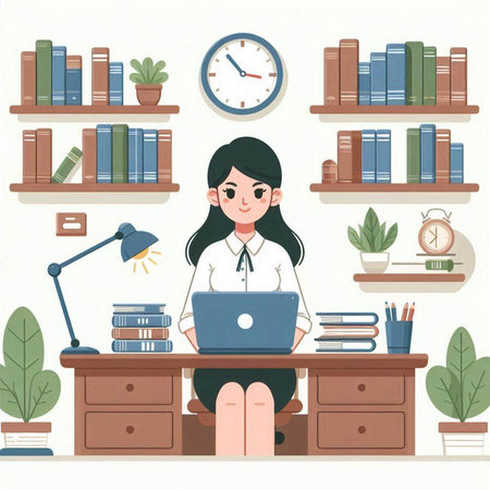 Illustration of a young woman sitting at her desk working on a laptopのイラスト素材
