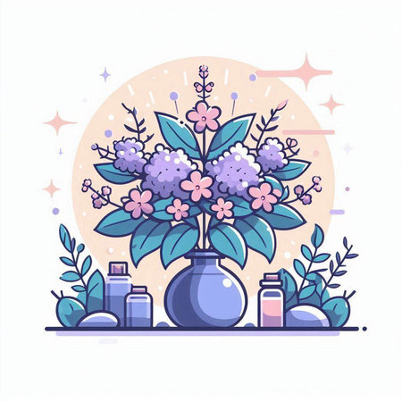 Flowers in vase with bottles of essential oil. Flat vector illustration.のイラスト素材