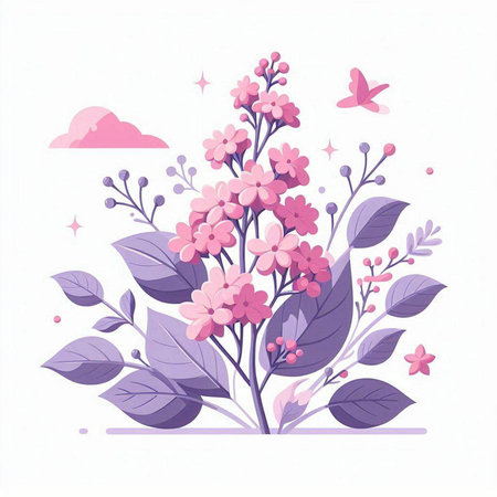 Bouquet of pink flowers with leaves and butterflies. Vector illustration.のイラスト素材