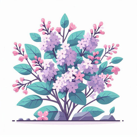 Lilac branch with flowers and leaves. Vector illustration in flat styleのイラスト素材
