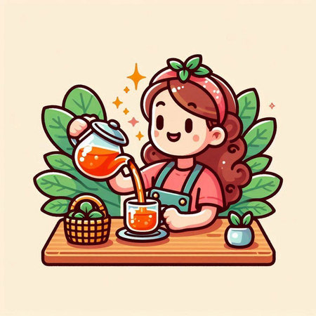 Illustration of a cute girl drinking tea. Vector cartoon character.のイラスト素材