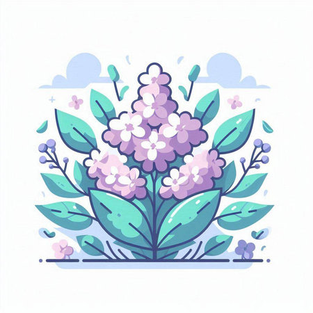 Vector illustration of a bouquet of lilac flowers with leaves.のイラスト素材