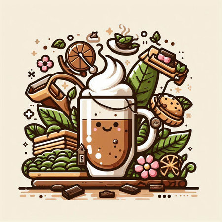 Coffee time vector illustration. Coffee cup with whipped cream and coffee beans, cinnamon, gingerbread, tea leaves, cinnamon sticks, cookies, chocolate chip cookies, coffee beans, cinnamon sticks, star anise.のイラスト素材