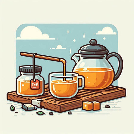 Cup of tea and teapot on wooden board. Vector illustration.のイラスト素材