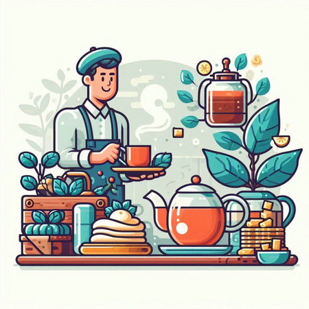 Vector illustration of a man with a cup of tea in his handsのイラスト素材