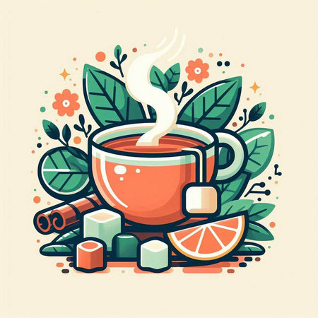 Cup of tea with cinnamon, orange and leaves. Vector illustration.のイラスト素材