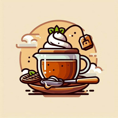 Cup of coffee with whipped cream and spoon. Vector illustration.のイラスト素材