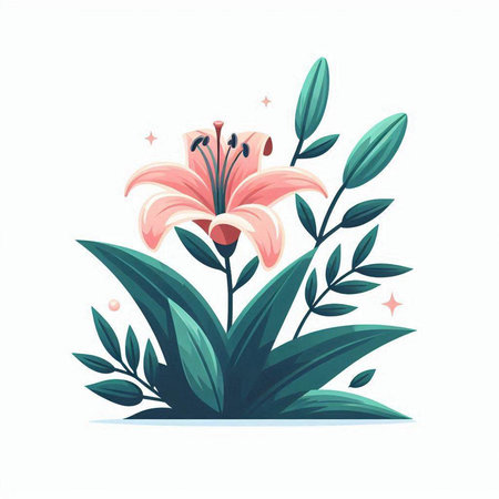 Lily flower with green leaves. Vector illustration in flat style.のイラスト素材