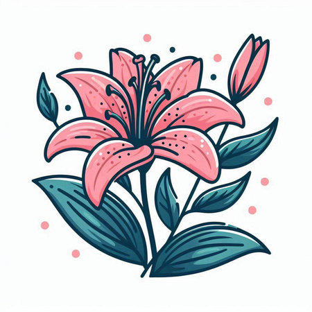 Lily flowers and leaves. Vector illustration in doodle style.のイラスト素材
