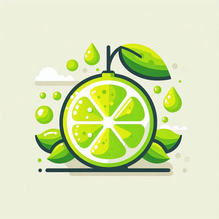 Lime fruit vector illustration. Lemon slice with leaves and water drops.のイラスト素材