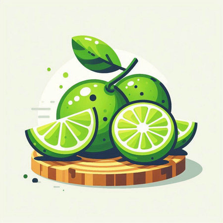 Lime fruit with leaves on a wooden stand. Vector illustration.のイラスト素材