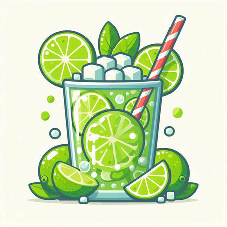 Cocktail with lime slices and mint leaves. Vector illustration.のイラスト素材