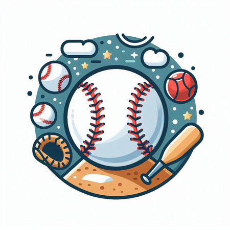 Baseball emblem with ball, bat, ball and stars. Vector illustration.のイラスト素材