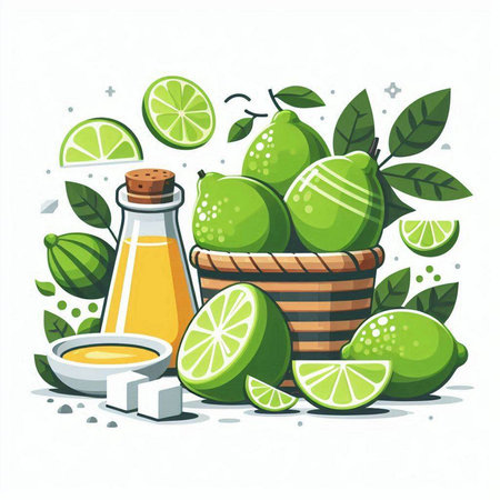 Lime juice in a glass bottle and limes. Vector illustration.のイラスト素材