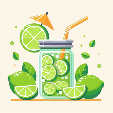 Mason jar with lime slices and straws. Vector illustration.のイラスト素材
