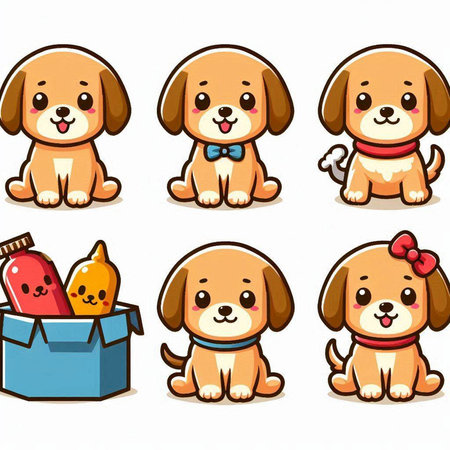 Cute cartoon dog collection with different food and drinks. Vector illustration.のイラスト素材