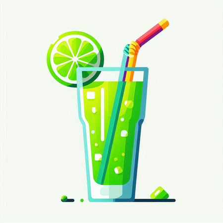 Cocktail with lime and straw. Vector illustration in flat styleのイラスト素材