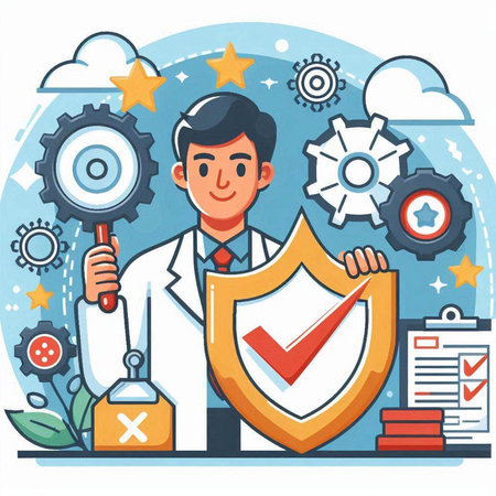 Scientist with shield and checklist. Vector illustration in cartoon style.のイラスト素材